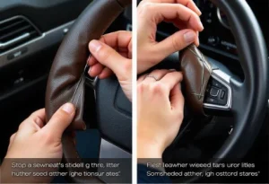 Hands are stitching a leather steering wheel cover onto a steering wheel, showing the cross-stitching technique for a snug and secure fit.