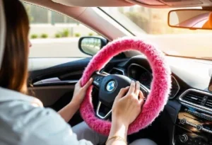 3.	Modern car interior featuring a soft pink steering wheel cover designed for comfort and safeguarding in a sunny, luxurious setting