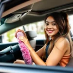 Young woman confidently driving a modern car with a vibrant pink steering wheel cover showcasing a luxurious car interior featuring leather seats and sleek dashboard design reflecting both comfort and style