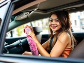 Young woman confidently driving a modern car with a vibrant pink steering wheel cover showcasing a luxurious car interior featuring leather seats and sleek dashboard design reflecting both comfort and style