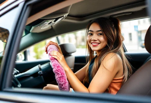 Young woman confidently driving a modern car with a vibrant pink steering wheel cover showcasing a luxurious car interior featuring leather seats and sleek dashboard design reflecting both comfort and style