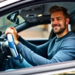 man holding a blue and white vegan leather steering wheel cover in a Mercedes Benz C300 with LED lights and Bluetooth dashboard.