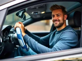 man holding a blue and white vegan leather steering wheel cover in a Mercedes Benz C300 with LED lights and Bluetooth dashboard.