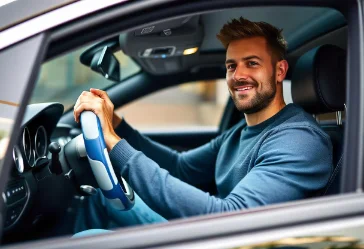 man holding a blue and white vegan leather steering wheel cover in a Mercedes Benz C300 with LED lights and Bluetooth dashboard.