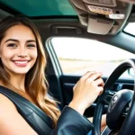 A young woman sitting in a car, holding a black leather steering wheel cover, representing the luxury and comfort highlighted in a buying guide.