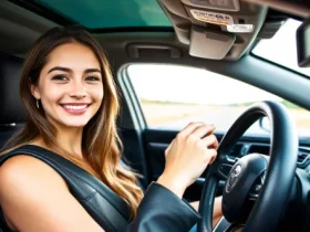 A young woman sitting in a car, holding a black leather steering wheel cover, representing the luxury and comfort highlighted in a buying guide.