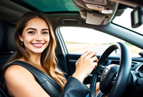 A young woman sitting in a car, holding a black leather steering wheel cover, representing the luxury and comfort highlighted in a buying guide.