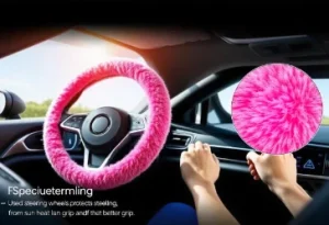 Young woman confidently driving a modern car with a vibrant pink steering wheel cover showcasing a luxurious car interior featuring leather seats and sleek dashboard design reflecting both comfort and style