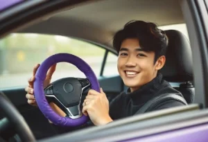 young woman holding purple japanese steering wheel cover inside car showing excitement about new steering wheel cover for his vehicle