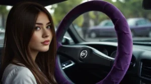 young woman holding purple japanese steering wheel cover inside car showing excitement about new steering wheel cover for her vehicle