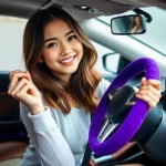 young woman holding purple japanese steering wheel cover inside car showing excitement about new steering wheel cover for her vehicle