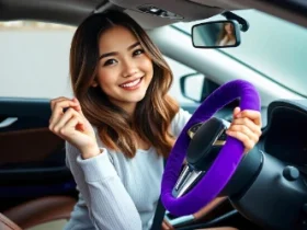 young woman holding purple japanese steering wheel cover inside car showing excitement about new steering wheel cover for her vehicle