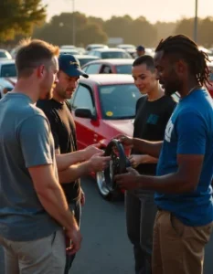  A group of Subaru GC8 owners gathered at a car meet, discussing their experiences with Sandival's quick release steering wheel hub. One owner demonstrates the quick-release function to others, while other cars with modified hubs are visible in the background. The atmosphere is friendly and enthusiastic, reflecting a sense of community and shared passion for car upgrades.