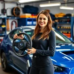 Woman holding steering wheel next to Subaru showing Sandivalsquick Release Steering Wheel Hub For Gc8 for professional buyers