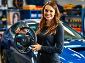 Woman holding steering wheel next to Subaru showing Sandivalsquick Release Steering Wheel Hub For Gc8 for professional buyers