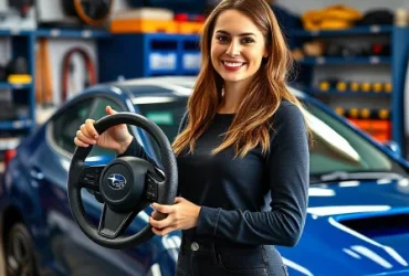 Woman holding steering wheel next to Subaru showing Sandivalsquick Release Steering Wheel Hub For Gc8 for professional buyers