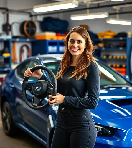 Woman holding steering wheel next to Subaru showing Sandivalsquick Release Steering Wheel Hub For Gc8 for professional buyers