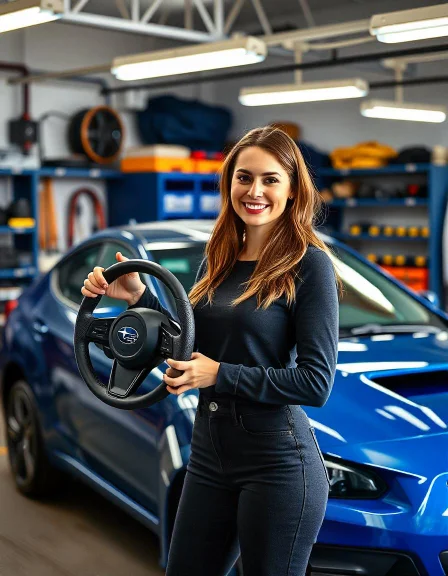 Woman holding steering wheel next to Subaru showing Sandivalsquick Release Steering Wheel Hub For Gc8 for professional buyers