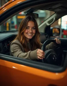 A young woman smiling while sitting inside her Nissan Frontier, showcasing the excitement of her 2013 frontier custom steering wheel upgrade forum, highlighting the stylish new steering wheel and her love for the vehicle.