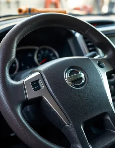 Close-up view of a custom steering wheel designed for the 2013 Frontier, illustrating the sleek design and premium materials, perfect for discussing the 2013 frontier custom steering wheel upgrade forum.