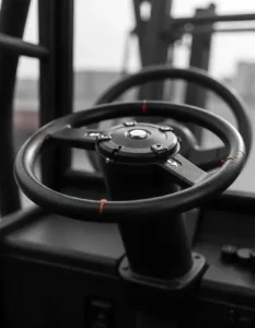 Forklift steering wheel knob showing key features like grip rotating mechanism and durability with steering wheel visible in background