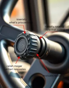 Forklift steering wheel knob showing key features like grip rotating mechanism and durability with steering wheel visible in background