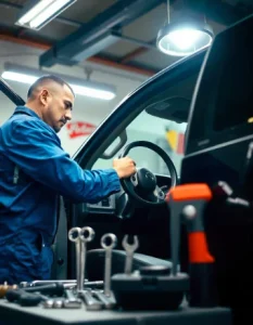 Mechanic carefully installing a custom steering wheel in a 2013 Nissan Frontier, representing the professional installation process discussed in the 2013 frontier custom steering wheel upgrade forum.