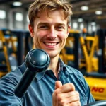 Young man holding forklift steering wheel knob smiling in warehouse forklifts in background representing ergonomic steering controls