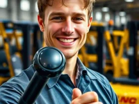 Young man holding forklift steering wheel knob smiling in warehouse forklifts in background representing ergonomic steering controls