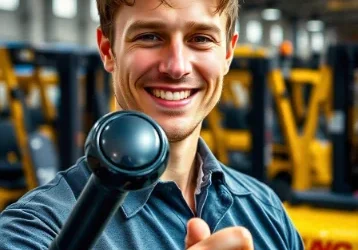 Young man holding forklift steering wheel knob smiling in warehouse forklifts in background representing ergonomic steering controls