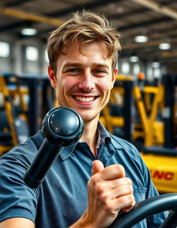 Young man holding forklift steering wheel knob smiling in warehouse forklifts in background representing ergonomic steering controls