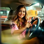 Young woman excited about her new 2013 Frontier custom steering wheel upgrade forum, showcasing her Nissan Frontier's enhanced style and comfort.