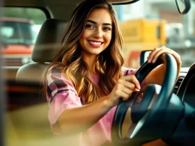 Young woman excited about her new 2013 Frontier custom steering wheel upgrade forum, showcasing her Nissan Frontier's enhanced style and comfort.