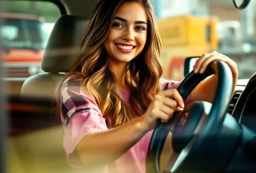 Young woman excited about her new 2013 Frontier custom steering wheel upgrade forum, showcasing her Nissan Frontier's enhanced style and comfort.