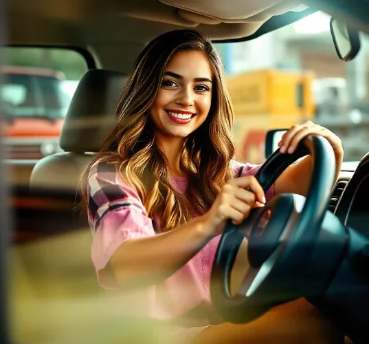 Young woman excited about her new 2013 Frontier custom steering wheel upgrade forum, showcasing her Nissan Frontier's enhanced style and comfort.