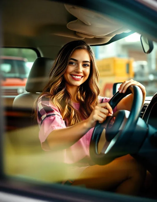 Young woman excited about her new 2013 Frontier custom steering wheel upgrade forum, showcasing her Nissan Frontier's enhanced style and comfort.