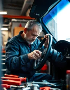 mechanic installing Sandival quick release steering wheel hub for gc8 showing detailed installation process for Subaru enthusiasts and mechanics