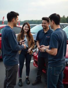  A group of Subaru GC8 owners gathered at a car meet, discussing their experiences with Sandival's quick release steering wheel hub. One owner demonstrates the quick-release function to others, while other cars with modified hubs are visible in the background. The atmosphere is friendly and enthusiastic, reflecting a sense of community and shared passion for car upgrades.